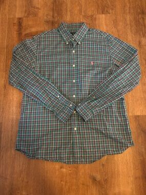 Ralph Lauren Shirt Mens L Green Pink Plaid Cotton Button Down Embroidered Logo